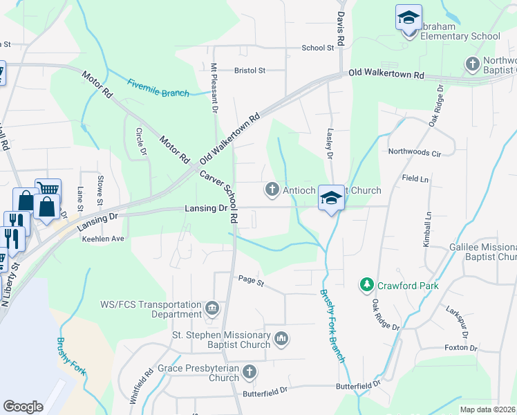 map of restaurants, bars, coffee shops, grocery stores, and more near 5012 Lansing Drive in Winston-Salem