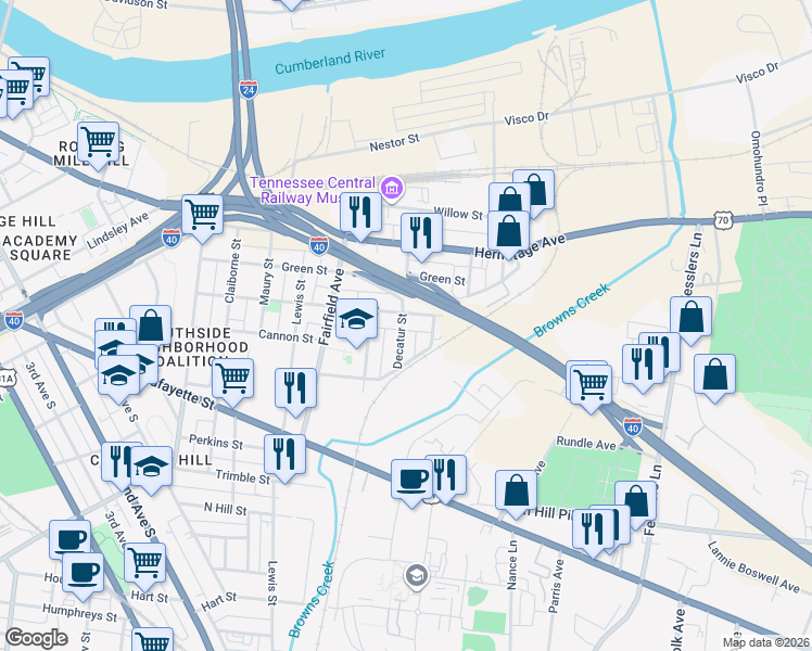 map of restaurants, bars, coffee shops, grocery stores, and more near 140 Fain Street in Nashville