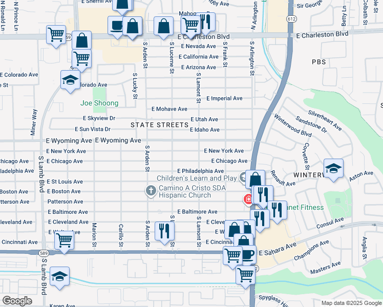 map of restaurants, bars, coffee shops, grocery stores, and more near 4760 East New York Avenue in Las Vegas