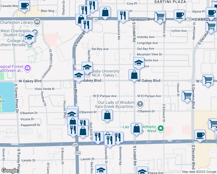 map of restaurants, bars, coffee shops, grocery stores, and more near 5785 West Oakey Boulevard in Las Vegas