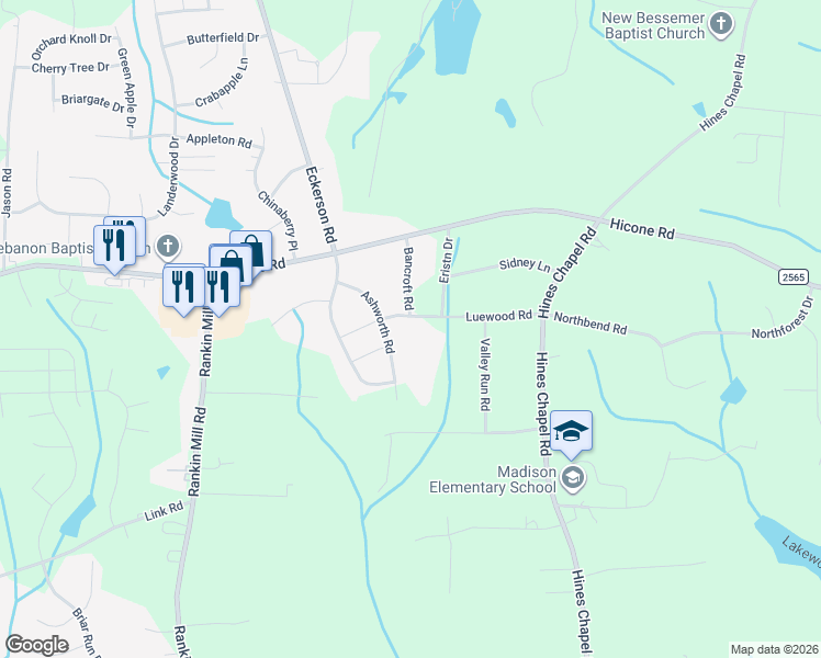 map of restaurants, bars, coffee shops, grocery stores, and more near 5300 Bancroft Road in Greensboro