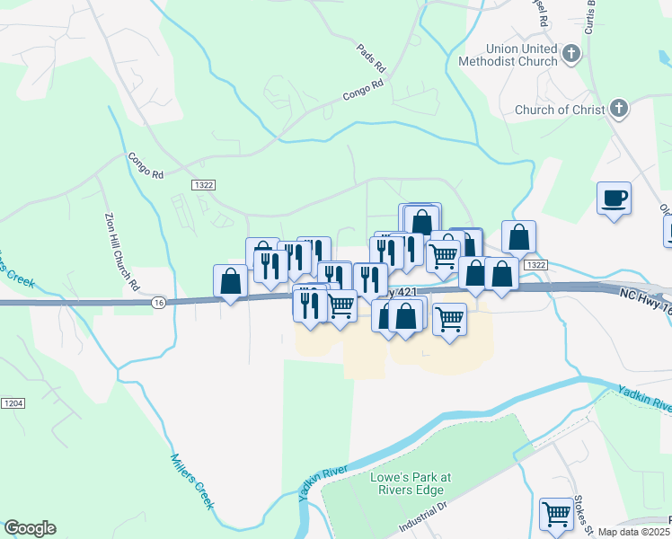 map of restaurants, bars, coffee shops, grocery stores, and more near 1001 U.S. 421 in Wilkesboro