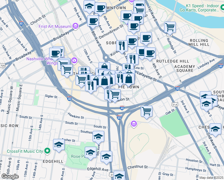 map of restaurants, bars, coffee shops, grocery stores, and more near 633 7th Avenue South in Nashville