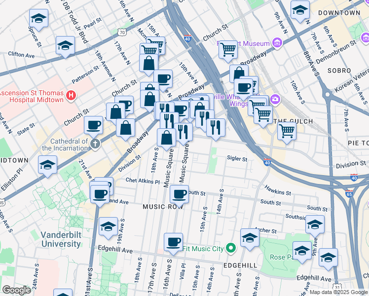map of restaurants, bars, coffee shops, grocery stores, and more near 1 Music Square East in Nashville