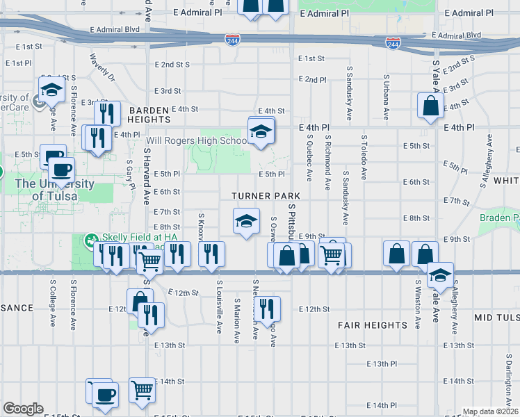 map of restaurants, bars, coffee shops, grocery stores, and more near 544 South New Haven Avenue in Tulsa