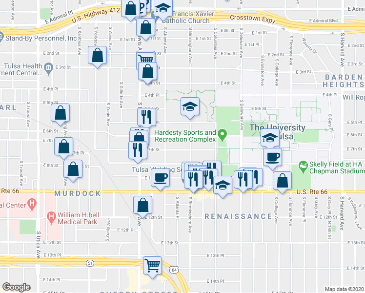 map of restaurants, bars, coffee shops, grocery stores, and more near 2520 East 6th Street in Tulsa
