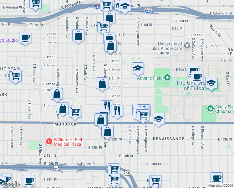 map of restaurants, bars, coffee shops, grocery stores, and more near 2440 East 6th Street in Tulsa