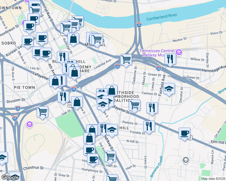 map of restaurants, bars, coffee shops, grocery stores, and more near 101 University Court in Nashville