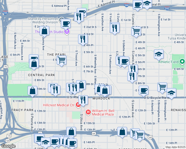 map of restaurants, bars, coffee shops, grocery stores, and more near 1737 E 7th St in Tulsa
