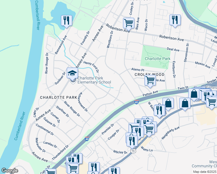 map of restaurants, bars, coffee shops, grocery stores, and more near 6207 Henry Ford Drive in Nashville