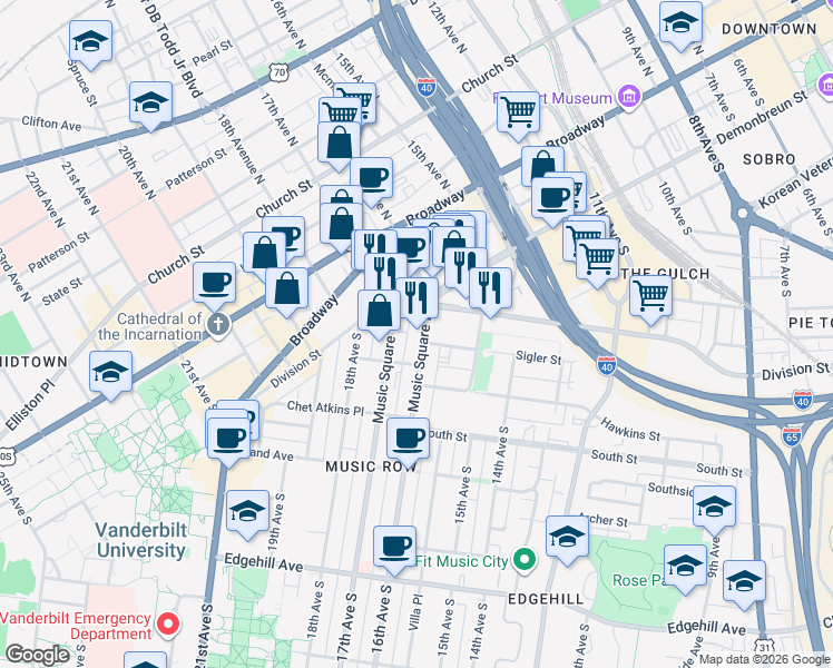 map of restaurants, bars, coffee shops, grocery stores, and more near 1 Music Square East in Nashville