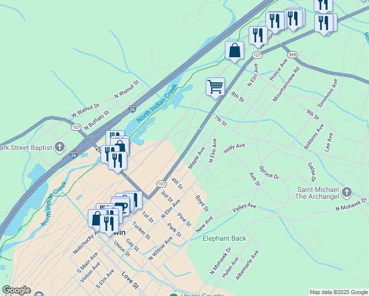 map of restaurants, bars, coffee shops, grocery stores, and more near 701 North Main Avenue in Erwin