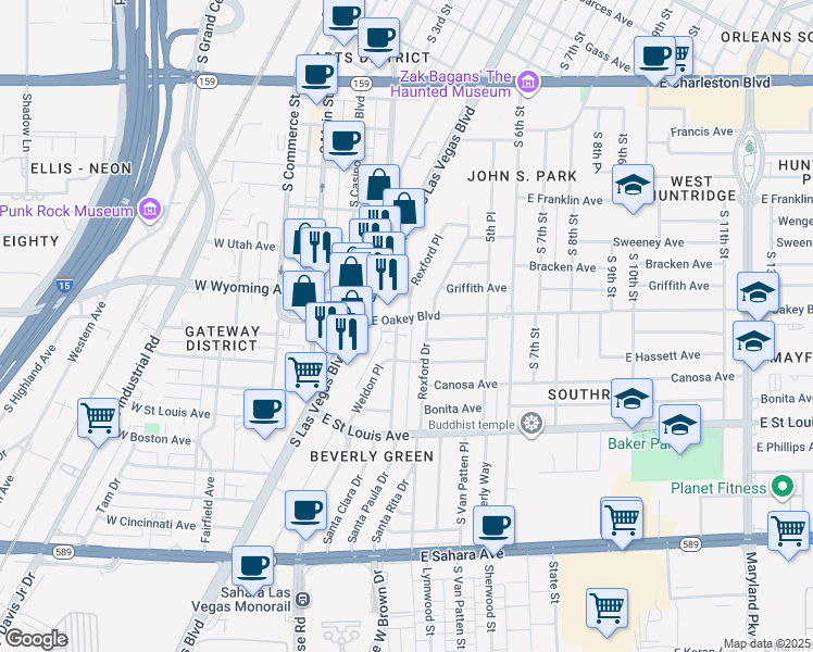 map of restaurants, bars, coffee shops, grocery stores, and more near 1612 Rexford Place in Las Vegas