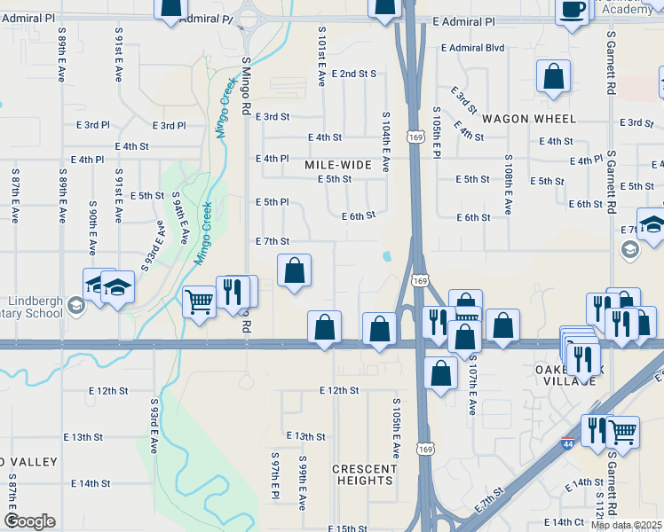 map of restaurants, bars, coffee shops, grocery stores, and more near 722 South 101st East Avenue in Tulsa