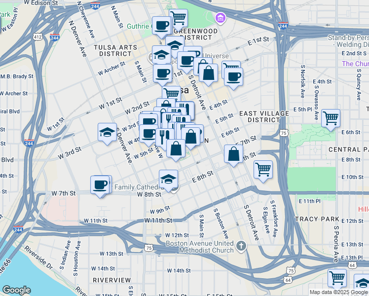 map of restaurants, bars, coffee shops, grocery stores, and more near 6 East 5th Street in Tulsa