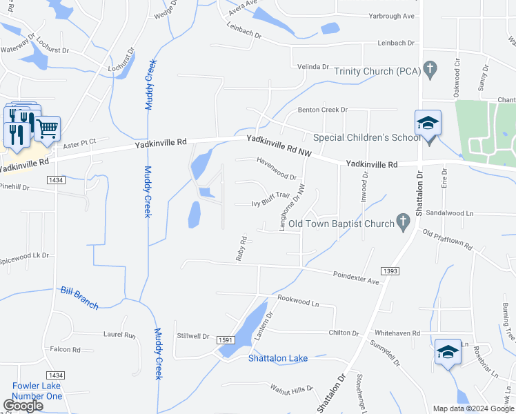 map of restaurants, bars, coffee shops, grocery stores, and more near 4056 Ivy Bluff Trail in Winston-Salem