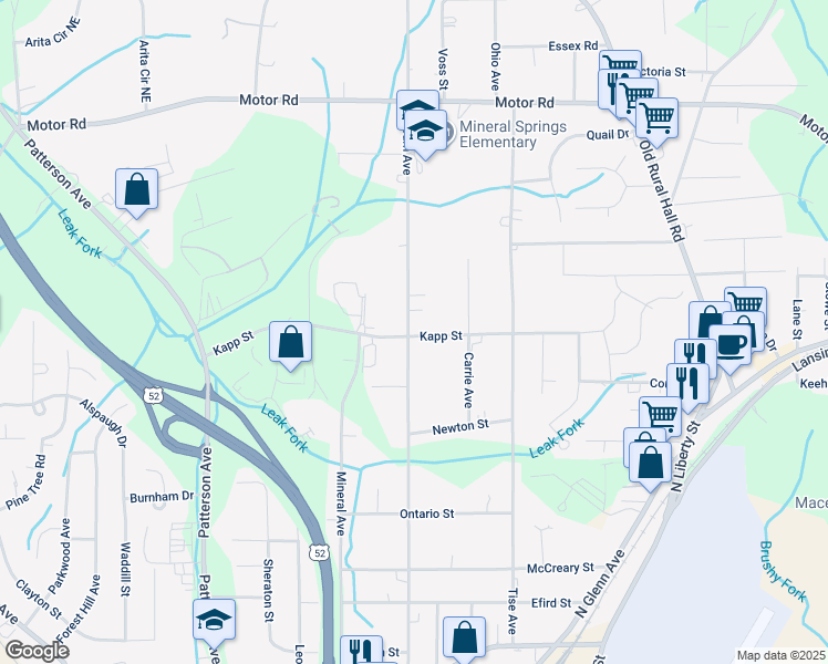 map of restaurants, bars, coffee shops, grocery stores, and more near 4401 Ogburn Avenue in Winston-Salem