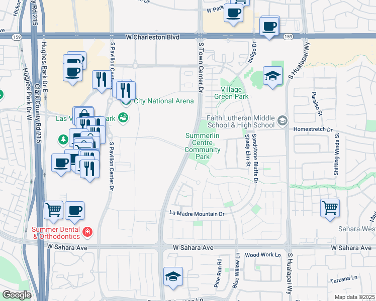 map of restaurants, bars, coffee shops, grocery stores, and more near South Town Center Drive in Las Vegas