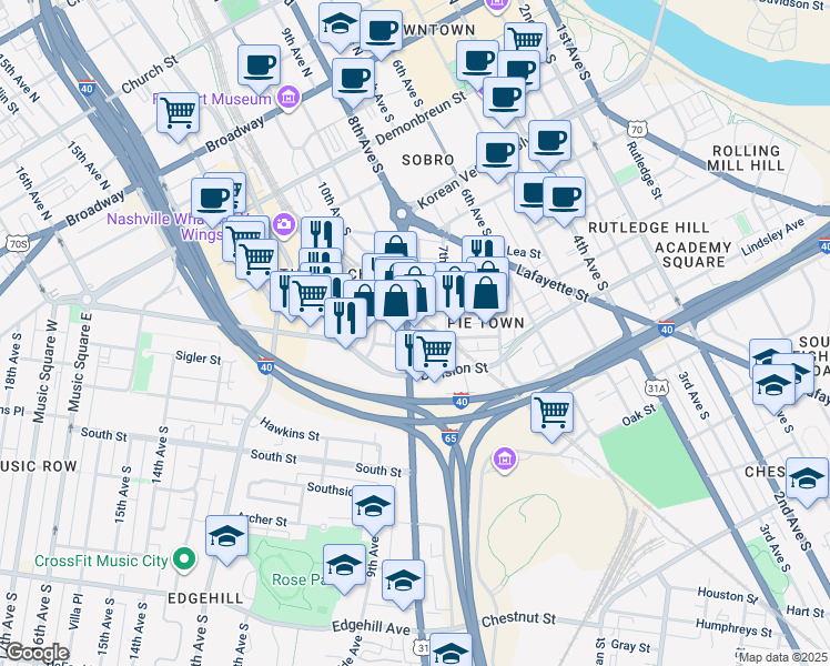 map of restaurants, bars, coffee shops, grocery stores, and more near 603 U.S. 31 in Nashville