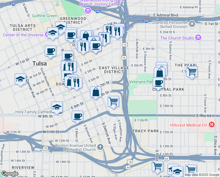 map of restaurants, bars, coffee shops, grocery stores, and more near 607 South Kenosha Avenue in Tulsa