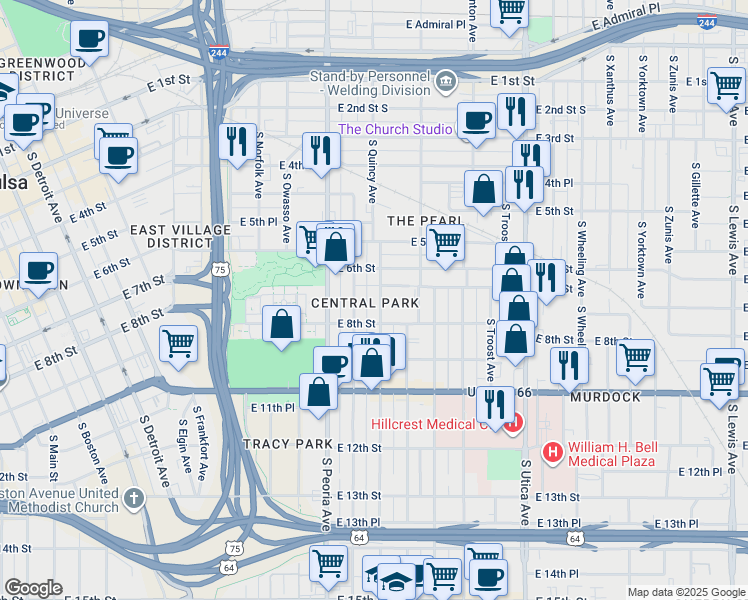map of restaurants, bars, coffee shops, grocery stores, and more near 615 South Quincy Avenue in Tulsa