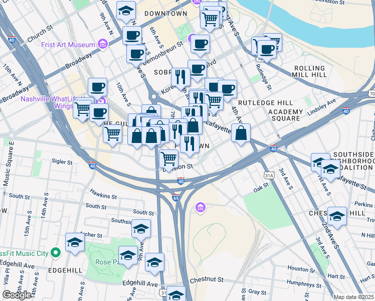 map of restaurants, bars, coffee shops, grocery stores, and more near in Nashville