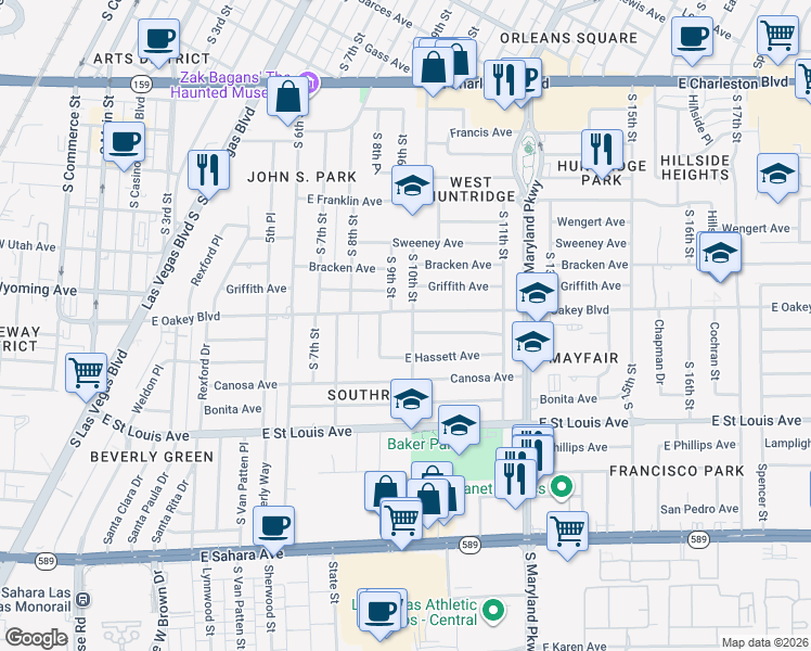 map of restaurants, bars, coffee shops, grocery stores, and more near 1710 South 10th Street in Las Vegas