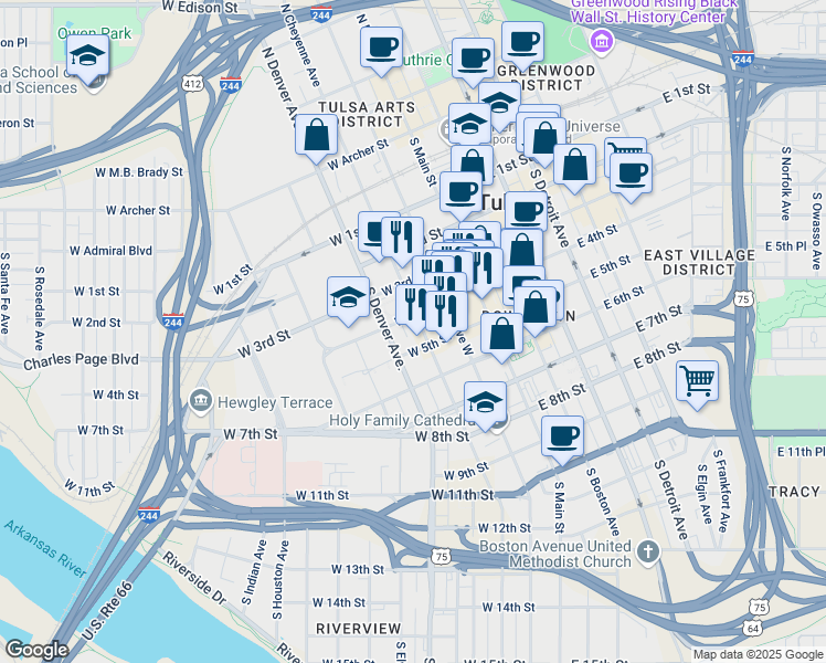 map of restaurants, bars, coffee shops, grocery stores, and more near 416 South Cheyenne Avenue in Tulsa