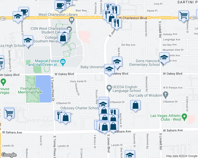 map of restaurants, bars, coffee shops, grocery stores, and more near 6133 West Oakey Boulevard in Las Vegas