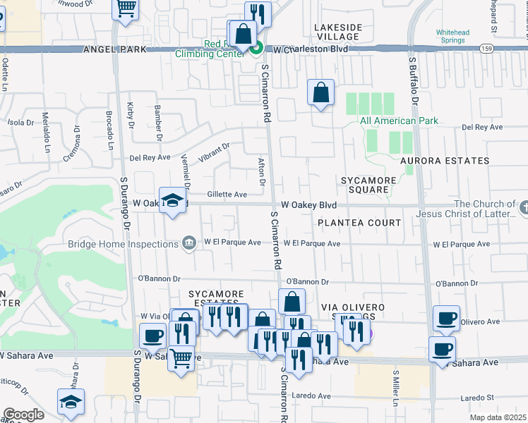 map of restaurants, bars, coffee shops, grocery stores, and more near 1801 South Cimarron Road in Las Vegas