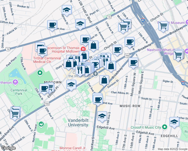 map of restaurants, bars, coffee shops, grocery stores, and more near 2025 West End Ave in Nashville