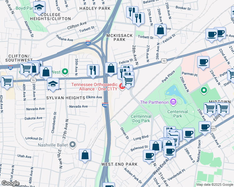 map of restaurants, bars, coffee shops, grocery stores, and more near 329 28th Avenue North in Nashville
