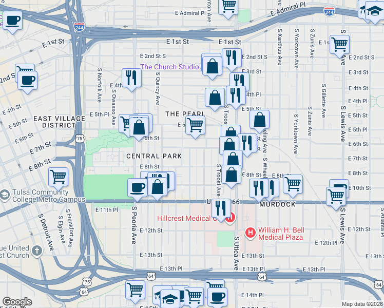 map of restaurants, bars, coffee shops, grocery stores, and more near 1507 East 7th Street in Tulsa