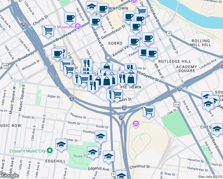 map of restaurants, bars, coffee shops, grocery stores, and more near 620 8th Avenue South in Nashville