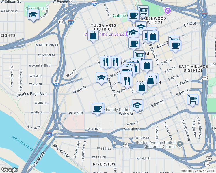 map of restaurants, bars, coffee shops, grocery stores, and more near in Tulsa