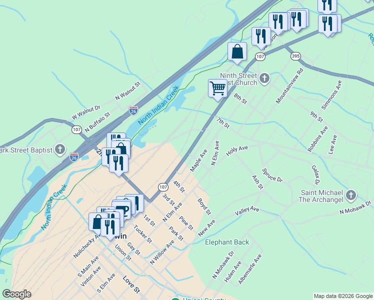 map of restaurants, bars, coffee shops, grocery stores, and more near 701 North Main Avenue in Erwin