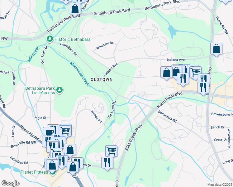map of restaurants, bars, coffee shops, grocery stores, and more near 2059 Bethabara Road in Winston-Salem