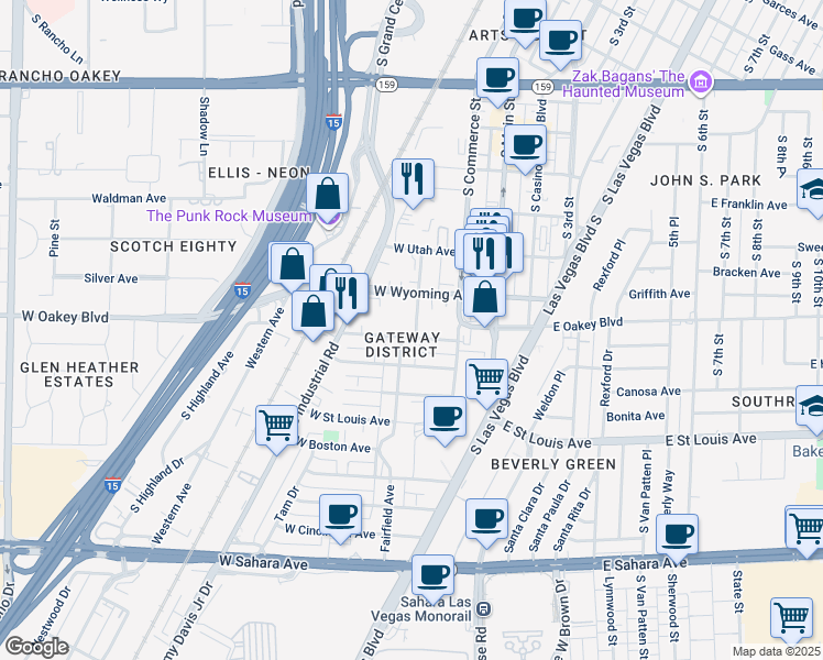map of restaurants, bars, coffee shops, grocery stores, and more near 200 West New York Avenue in Las Vegas