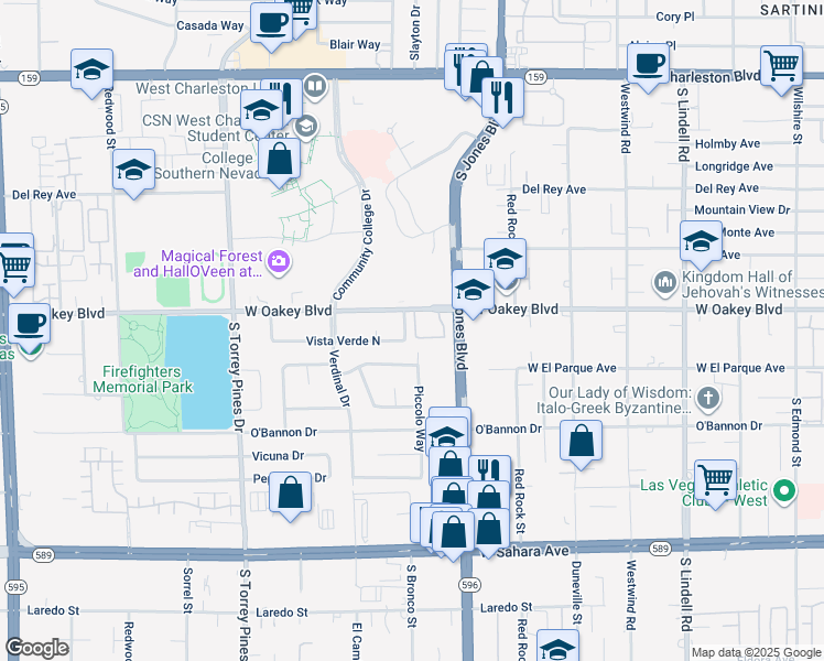 map of restaurants, bars, coffee shops, grocery stores, and more near 6153 West Oakey Boulevard in Las Vegas