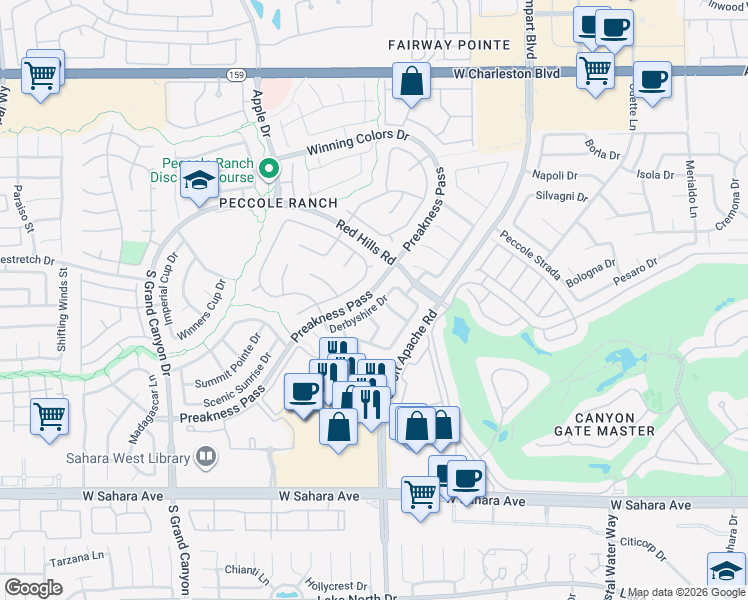 map of restaurants, bars, coffee shops, grocery stores, and more near 1713 Derbyshire Drive in Las Vegas