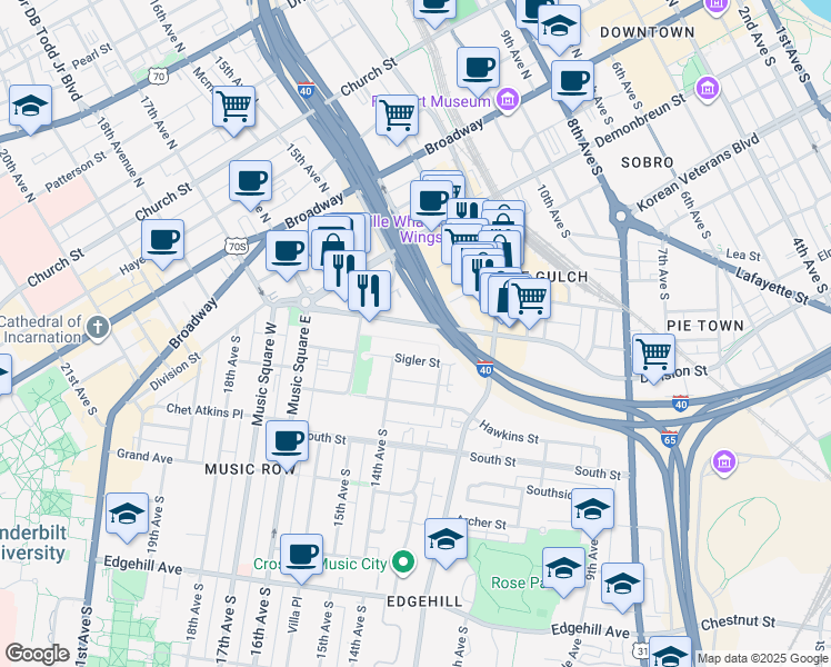 map of restaurants, bars, coffee shops, grocery stores, and more near 100 Division Street in Nashville
