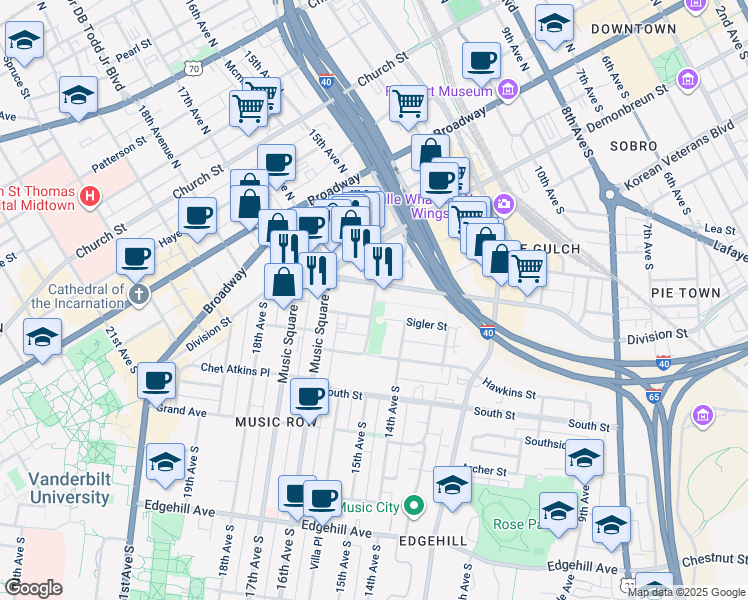 map of restaurants, bars, coffee shops, grocery stores, and more near 650 Music Circle East in Nashville