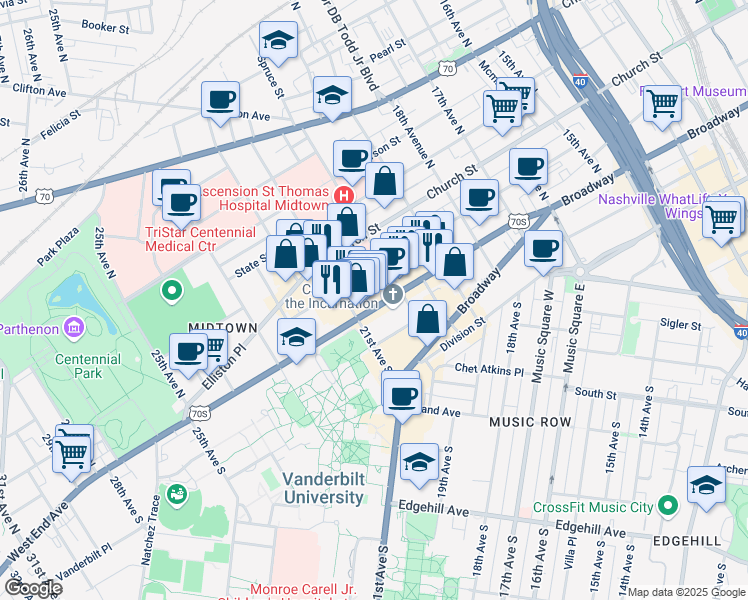 map of restaurants, bars, coffee shops, grocery stores, and more near 2006 West End Avenue in Nashville