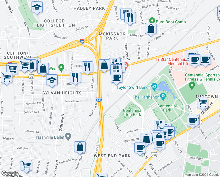 map of restaurants, bars, coffee shops, grocery stores, and more near 329 28th Avenue North in Nashville
