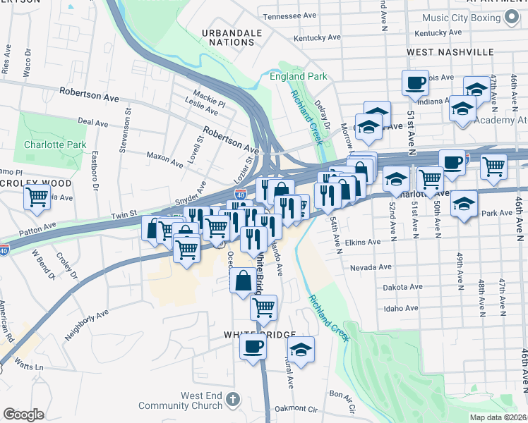 map of restaurants, bars, coffee shops, grocery stores, and more near White Bridge Road in Nashville