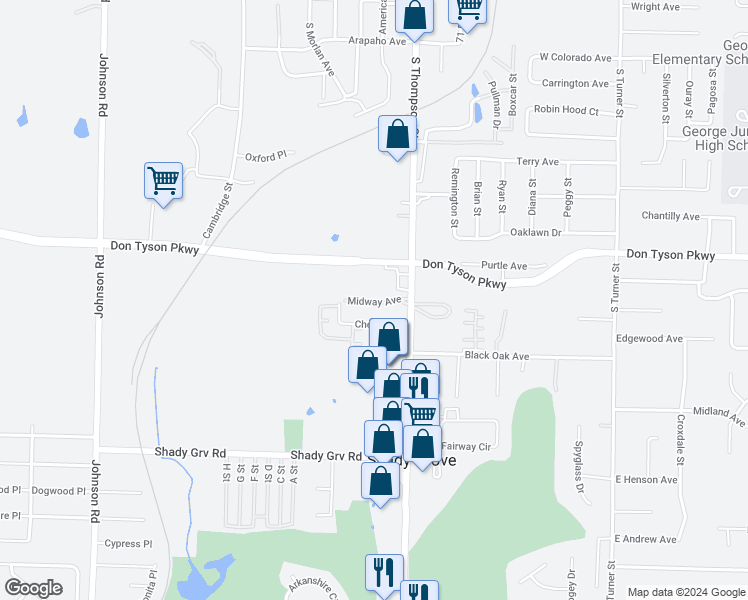 map of restaurants, bars, coffee shops, grocery stores, and more near 1495 Midway Avenue in Springdale
