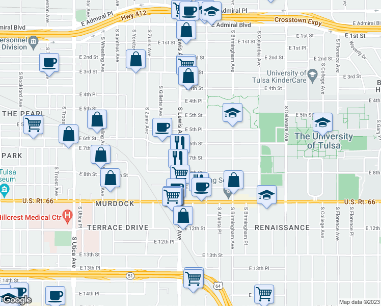 map of restaurants, bars, coffee shops, grocery stores, and more near 2402 East 6th Street in Tulsa