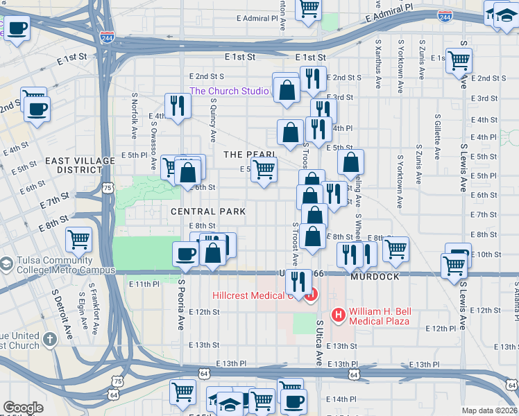 map of restaurants, bars, coffee shops, grocery stores, and more near 1507 East 7th Street in Tulsa