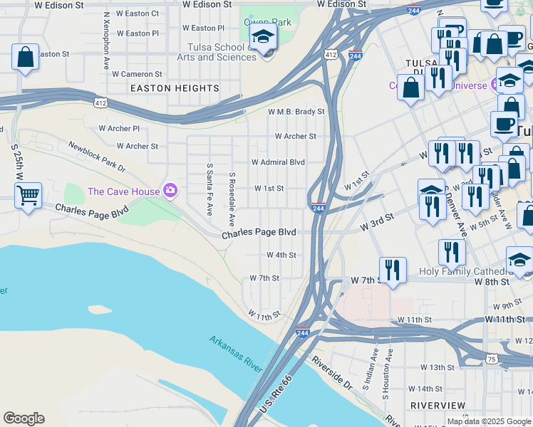 map of restaurants, bars, coffee shops, grocery stores, and more near 1207 West 2nd Street in Tulsa