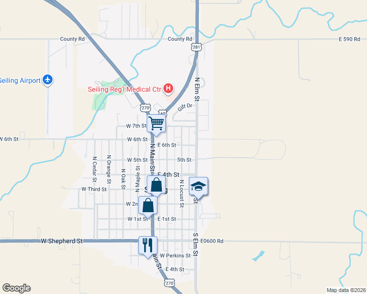 map of restaurants, bars, coffee shops, grocery stores, and more near 300 East 6th Street in Seiling